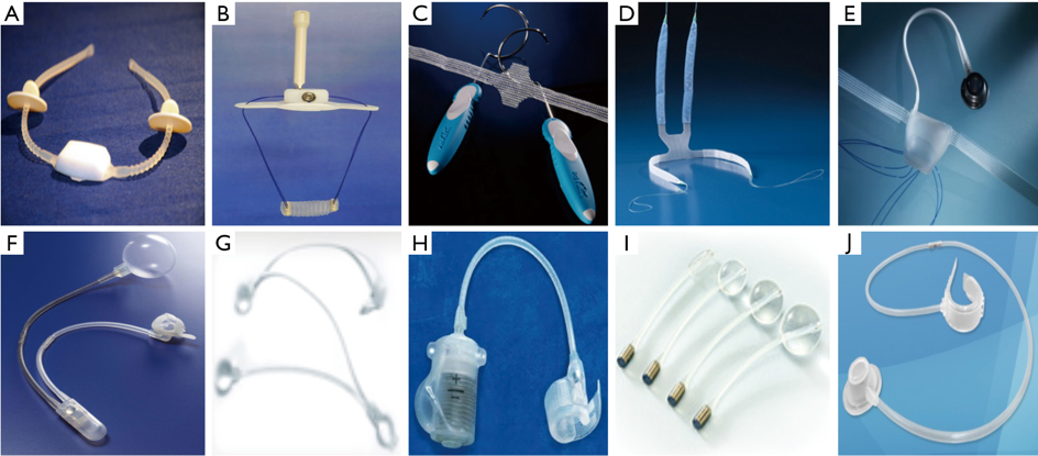 Fig. 16. Dispositivos existentes para IOE: a) Argus sling. b) Remeex sling. c) Advance sling. d) Virtue sling. e) ATOMS sling primera generación. f) AMS 800. g) Victo sphincter. h) Zephyr ZSI 375. i) Pro-ACT. j) Constrictor periuretral. (Tomado de Chung, 2017)41