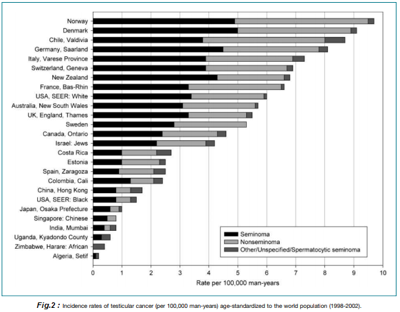 Fig. 2 Tasas de incidencia (x 100.000) de Cáncer testicular población mundial (1988-2002)