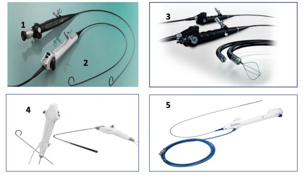Fig. 25 1. Ureteroscopio flexible análogo. 2-3: Ureteroscopios flexibles digitales. 4-5: Ureteroscopios flexibles desechables.